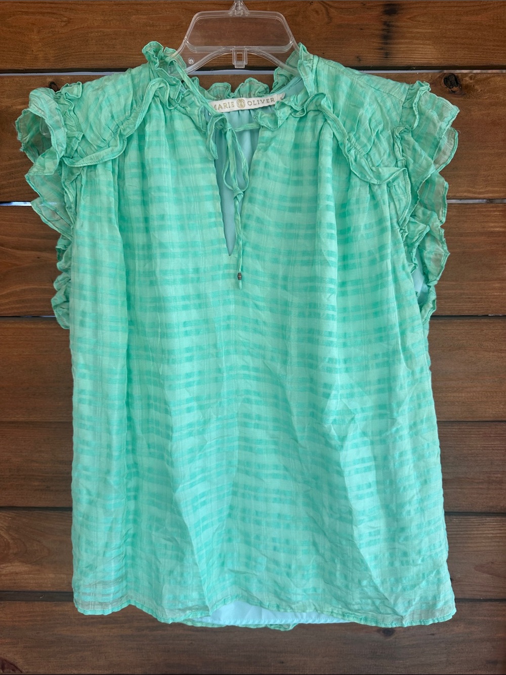 Marie Oliver mint green plaid linen top medium